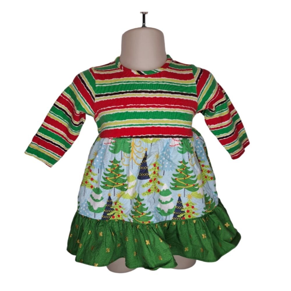 RicRac & Ruffles Kids Dress #F7-9500 Holiday Size 3-6M Girl Red & Green Trees